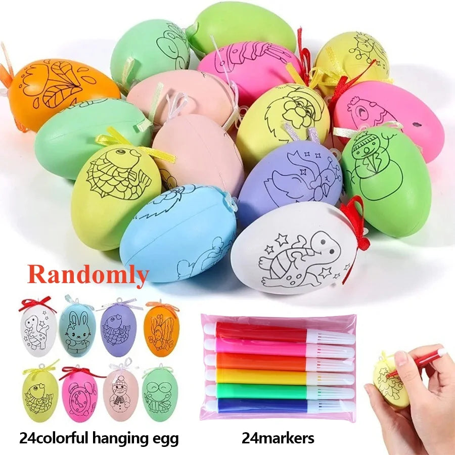 6/12/24PCS DIY Painting Easter Eggs with 6-24pcs Paint Pen Doodle Kit Easter Egg Coloring Craft Kit for Easter Party Gift Bag Fi