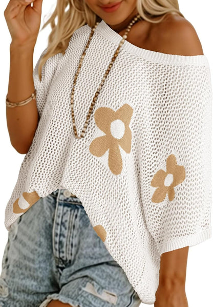 ⏰Hot Sale-Womens Floral Cute Tops Short Sleeve Crochet Cover Ups Lightweight Pullover